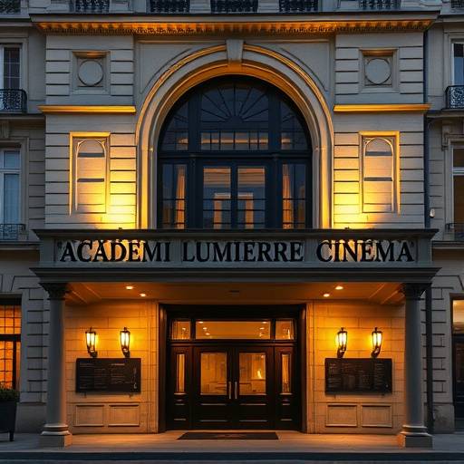Photo de la faäade de l'Académie Lumière Cinéma, un bâtiment typique parisien avec un grand porche.