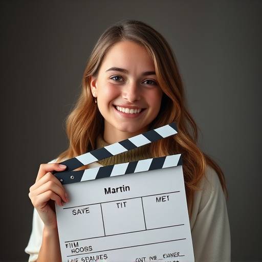 Portrait de Léa Martin, étudiante souriante tenant un clap de cinéma.