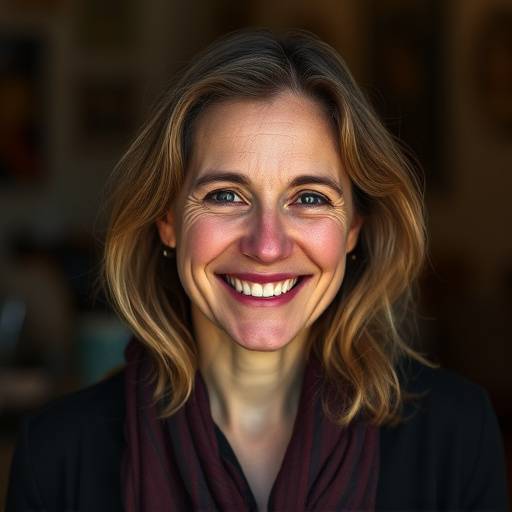 Portrait de Sophie Dubois, réalisatrice et scénariste primée, souriant chaleureusement.