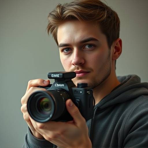 Portrait de Thomas Dubois, étudiant tenant une caméra de cinéma.
