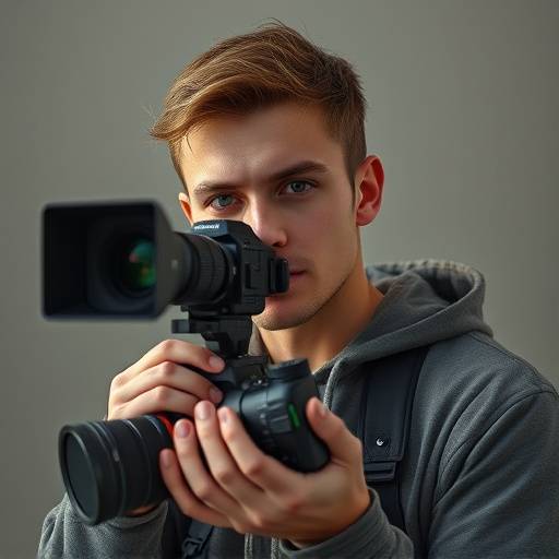 Portrait de Thomas Dubois, étudiant tenant une caméra de cinéma.